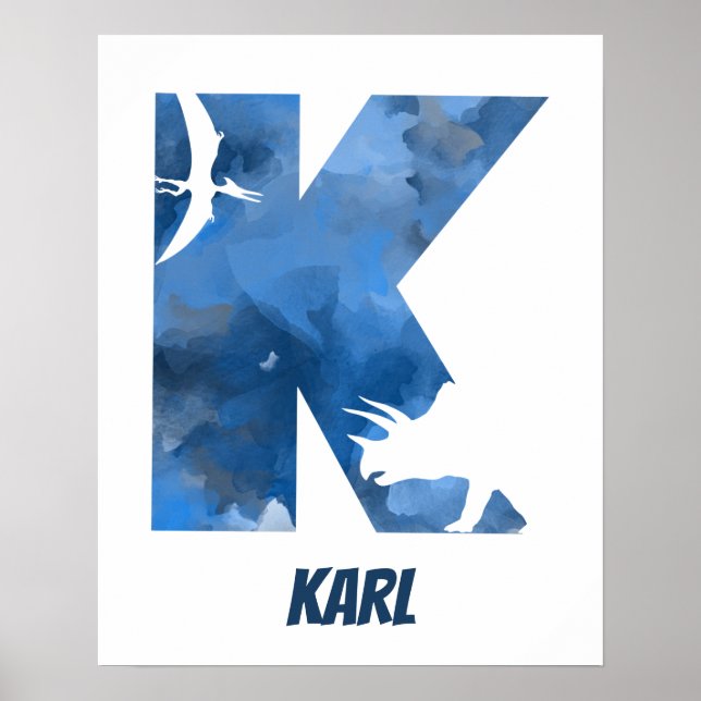 Póster "K" Dinosaurio acuarela Blue Child's Name Poster (Frente)