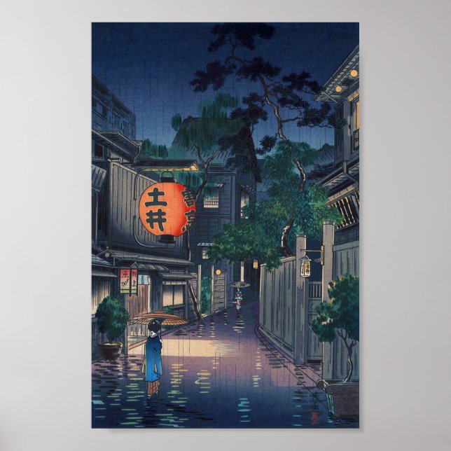 Póster Kagurazaka bajo la lluvia, Tsuchiya Koitsu, Woodcu (Frente)