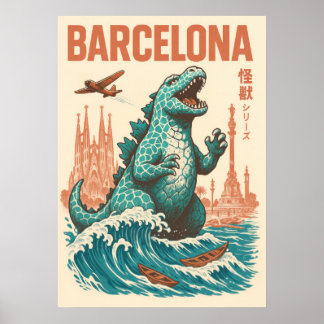 Póster Kaiju Invasion Barcelona – Vintage Sci-Fi Art