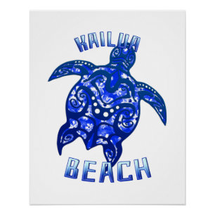 Póster Kailua Beach Hawaii Vacaciones Tortuga Tribal