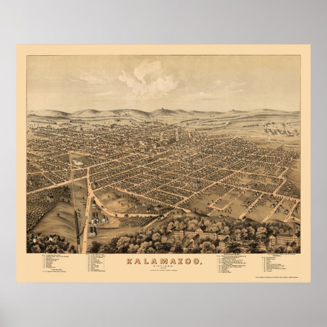 Póster Kalamazoo, Mapa Panorámico de MI - 1874 (Frente)