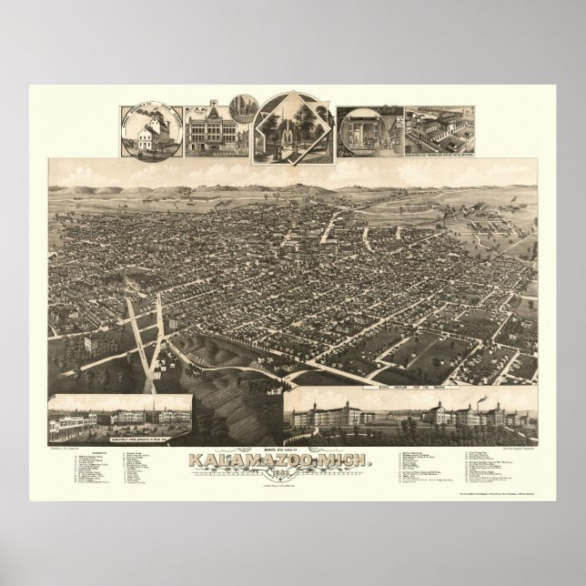 Póster Kalamazoo, Mapa Panorámico de MI - 1883 (Frente)