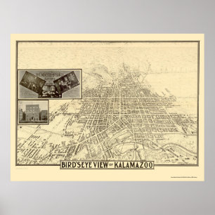 Póster Kalamazoo, Mapa Panorámico de MI - 1908