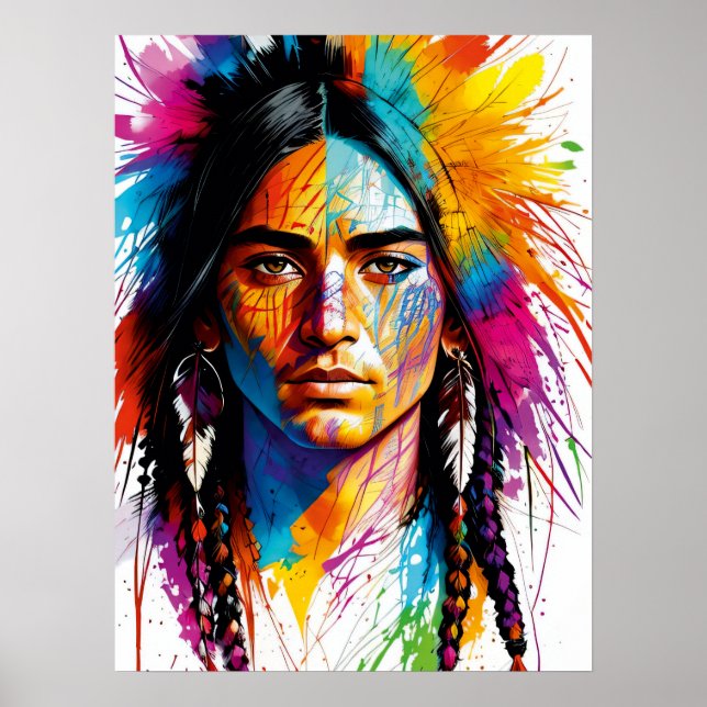 Póster Kaleidoscopio Tribal: Retrato indígena colorido (Frente)