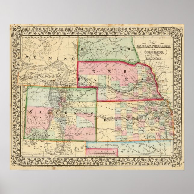 Póster Kan, Neb, Colo Map by Mitchell (Frente)