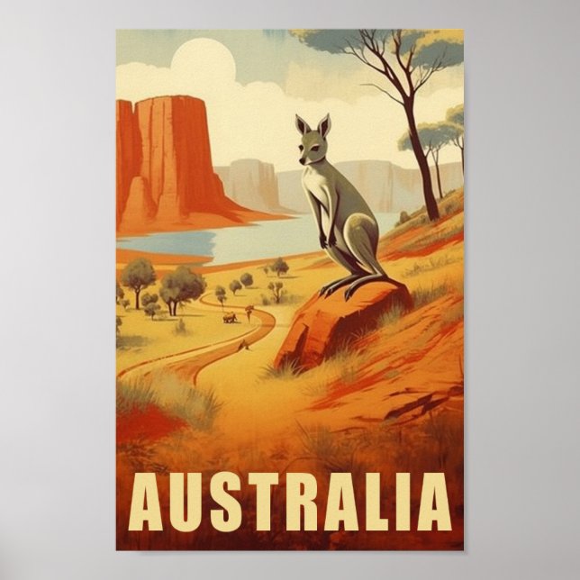 Póster Kangaroo Australia Famoso lugar de viaje vintage (Frente)