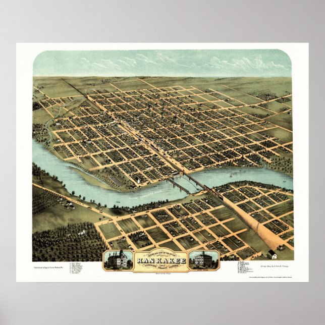 Póster Kankakee, mapa panorámico IL - 1869 (Frente)