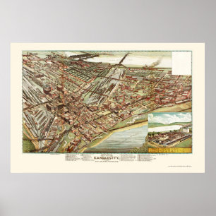 Póster Kansas City, mapa panorámico de KS - 1895
