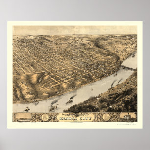 Póster Kansas City, Mapa Panorámico de MO - 1869