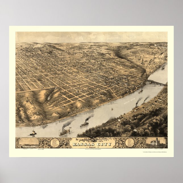 Póster Kansas City, Mapa Panorámico de MO - 1869 (Frente)