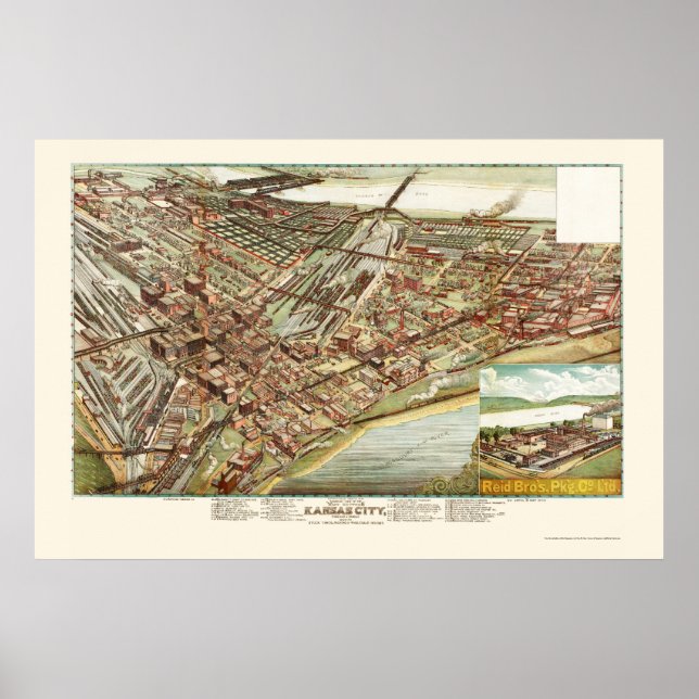 Póster Kansas City, mapa panorámico KS - 1895 (Frente)