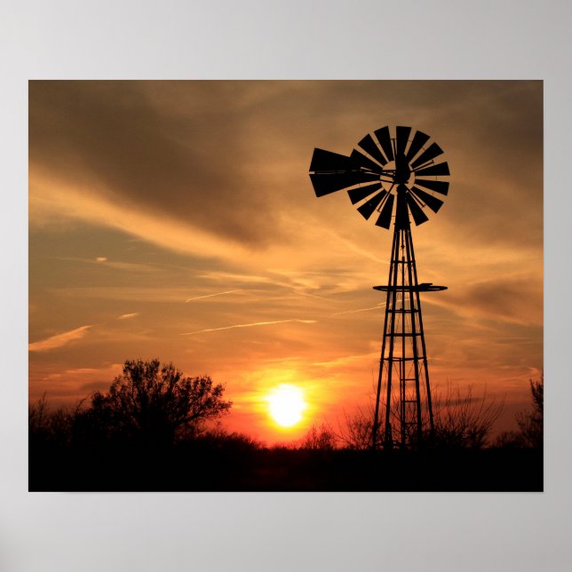 Póster Kansas Golden Sunset con una silueta de molino de  (Frente)