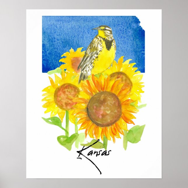 Póster Kansas State Shape Meadowlark Sunflowers  (Frente)