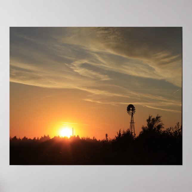 Póster Kansas Sunset con una silueta de molino de viento (Frente)