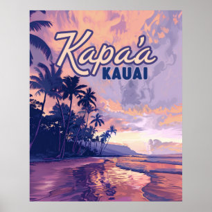 Póster Kapaa Kauai Hawaii Beach Sunset Palm Tree Retro