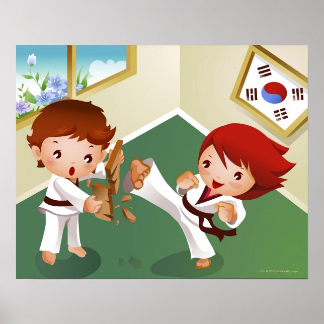 Póster Karate boy holding wood with another breaking it (Frente)