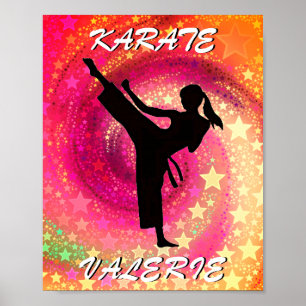 Póster Karate Chica Kick Stars y Swirls Retro