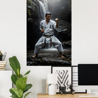 Póster Karate Master Performing Kata Under Waterfall