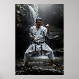Póster Karate Master Performing Kata Under Waterfall