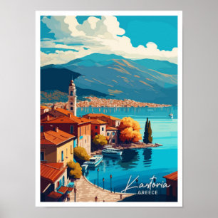 Póster Kastoria Grecia Viaje Ilustracion de Viaje Viejo