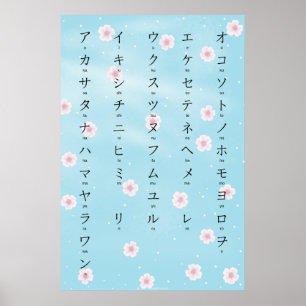 Póster Katakana con flores romanaji japonesas de sakura