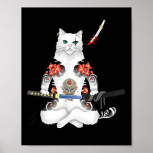 Póster Katana Ninja Yakuza Tattoo, un gato japonés samura