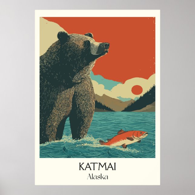 Póster Katmai Alaska Oso Pesca Salmón (Frente)