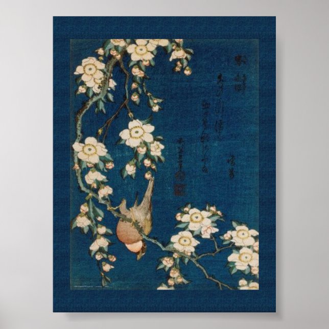 Póster Katsushika Hokusai 葛 飾 北 Goldfinch y Cherry Tree (Frente)