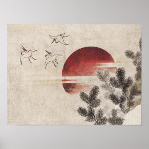 Póster Katsushika Hokusai-Birds y puesta de sol