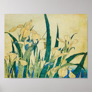 Póster Katsushika Hokusai-Blossoming Irises and Grasshopp
