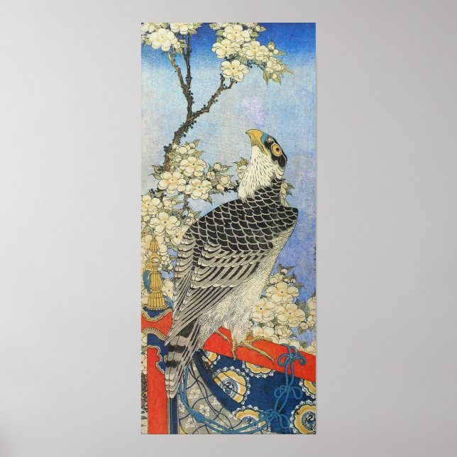 Póster Katsushika Hokusai Hawk y flores de cerezo (Frente)