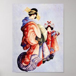 Póster Katsushika Hokusai—Oiran y Kamuro