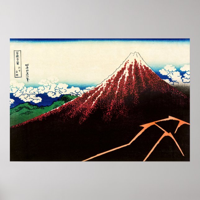 Póster Katsushika Hokusai - Rayos debajo de la cumbre (Frente)