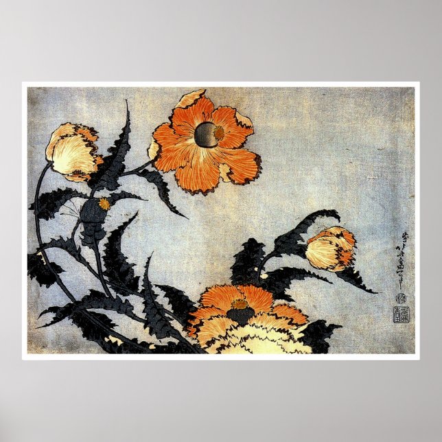 Póster Katsushika Hokusai Ukiyo-e Woodcut Print - Poppies (Frente)