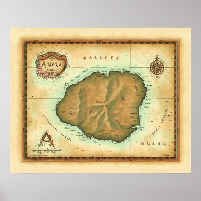 Póster Kauai-map-4000-dpi de ancho (Frente)