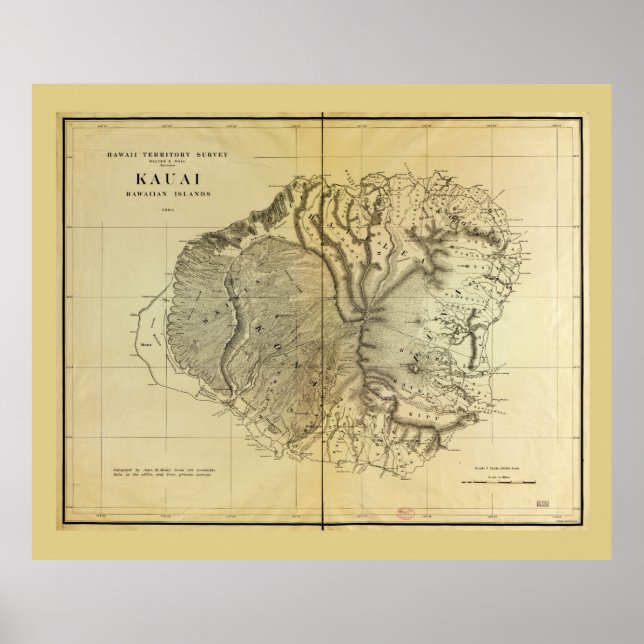 Póster Kauai, Mapa de las Islas Hawái (1903) (Frente)