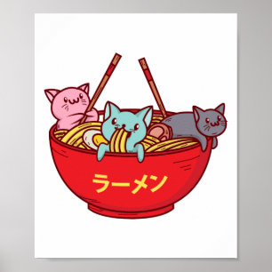 Póster Kawaii Anime Cat Gracioso Adorable Ramen japonés
