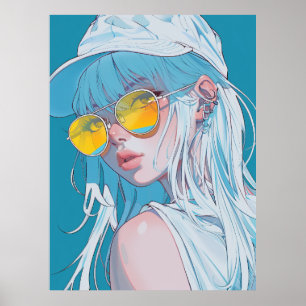 Póster Kawaii Anime Chica con Poster de pelo blanco