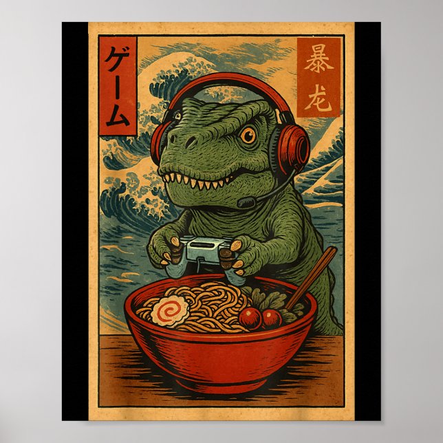 Póster Kawaii Anime Gamer T-rex Ramen Retro Japanese Gami (Frente)