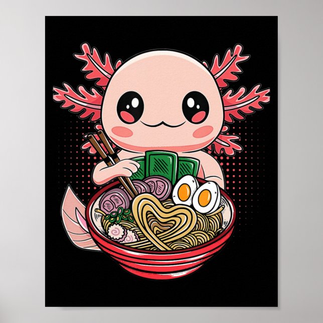 Póster Kawaii Axolotl Comer fideos de Ramen Regalo de Ani (Frente)