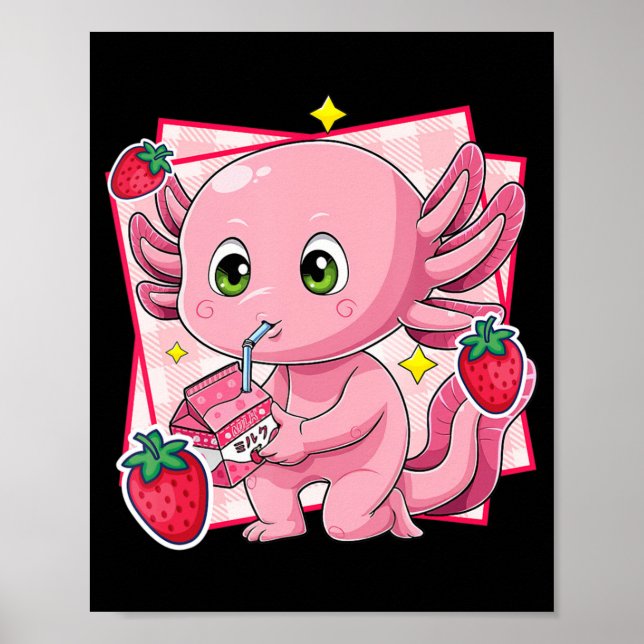 Póster Kawaii Axolotl Fresa Leche Anime Japonés Regalo (Frente)