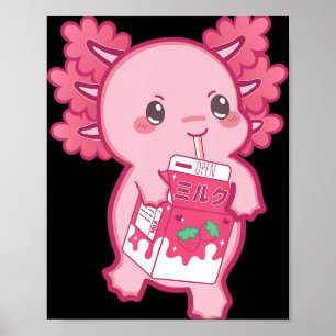 Póster Kawaii Axolotl Fresa Leche Chicas Niños Japa