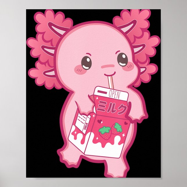 Póster Kawaii Axolotl Fresa Leche Chicas Niños Japa (Frente)