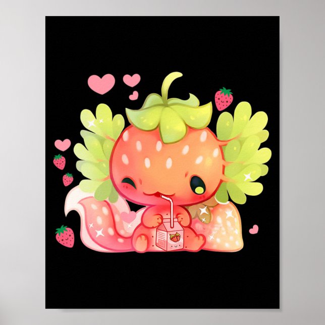 Póster Kawaii Axolotl Leche de fresa sacude anim japonés (Frente)