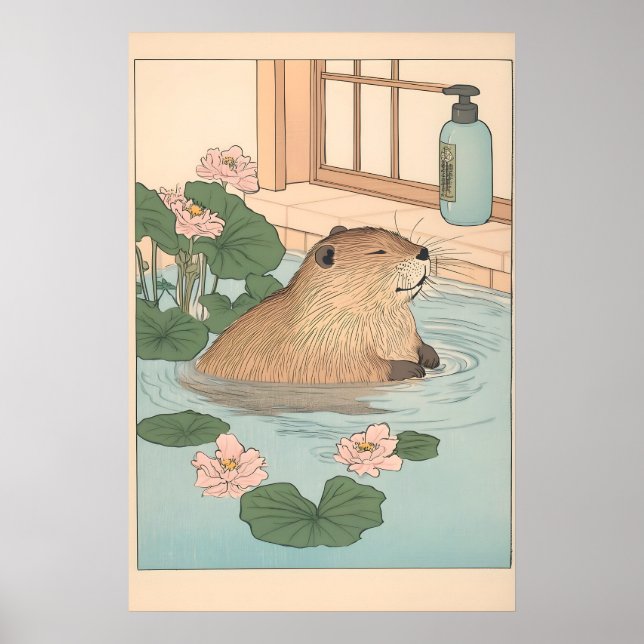 Póster Kawaii Beaver Ukiyo-e Print Funny Bathroom Japandi (Frente)