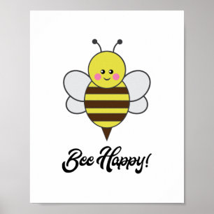 Póster Kawaii Bee Happy Cute Pun Bumblebee Honeybee