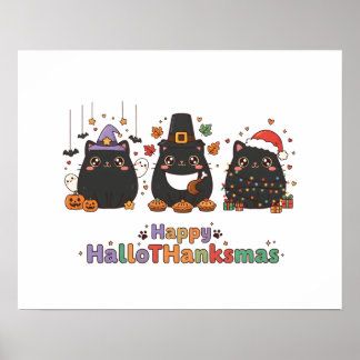 Póster Kawaii Black Cats Happy HalloThanksmas 