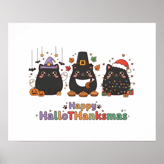 Póster Kawaii Black Cats Happy HalloThanksmas  (Frente)