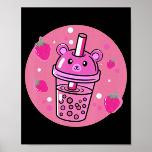 Póster Kawaii Boba Cup fresa anime burbuja té