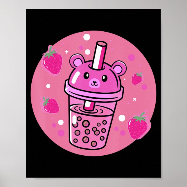 Póster Kawaii Boba Cup fresa anime burbuja té (Frente)